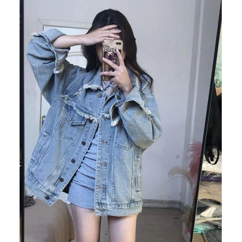 

Женская рваная джинсовая куртка - Ретро стиль Гонконга с деталями с кисточками L светло-синий