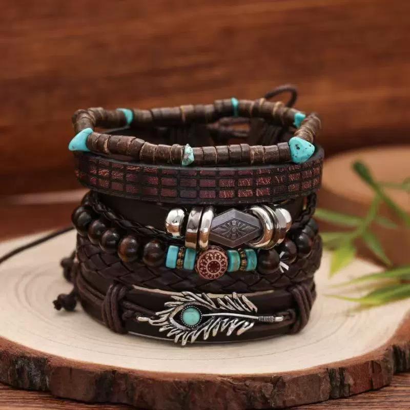 New Wood Bead Beaded Multi-layer Retro Flower Peacock Feather Heart-shaped Hand-woven Set Bracelet