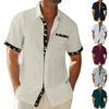 Camicia da uomo a maniche corte con revers, tessuto a quadretti fini, inserto con stampa di uccelli, bottoni, casual, top estivo quotidiano