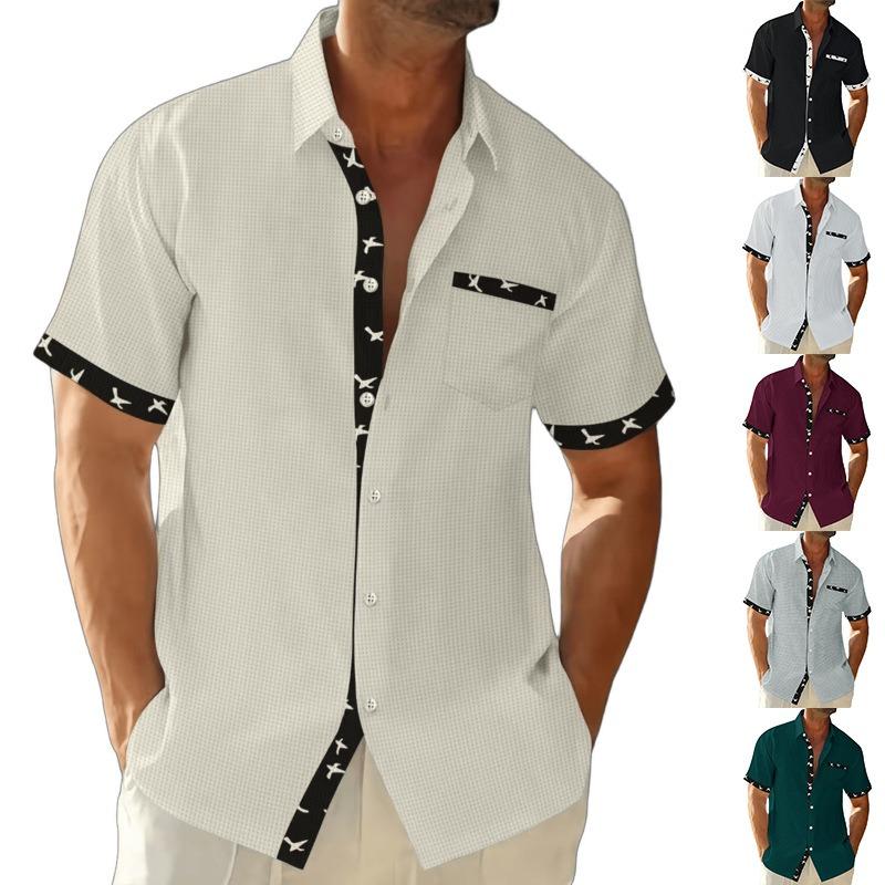 Camicia da uomo a maniche corte con revers, tessuto a quadretti fini, inserto con stampa di uccelli, bottoni, casual, top estivo quotidiano
