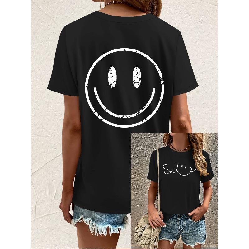 Europäische Größe Lächeldruck T-Shirt, Kurzarm Rundhals Freizeit Oberteil für Sommer & Frühling, Damenbekleidung