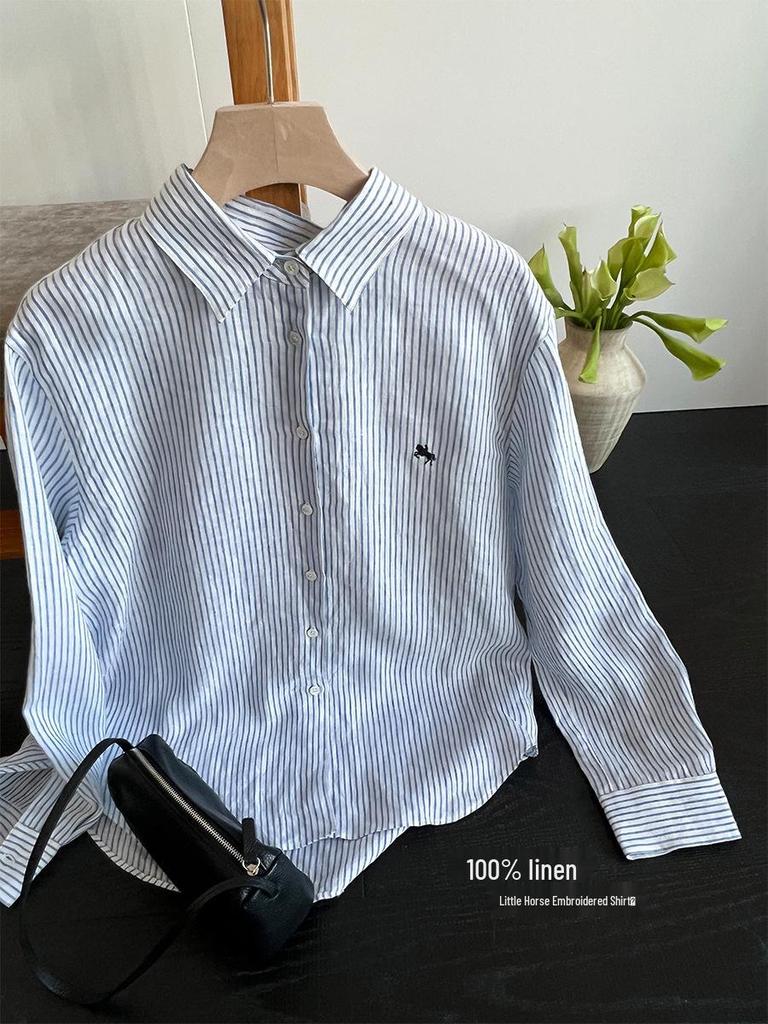 Shi Jian 100% Linen Striped Shirt with Embroidered Horse Design, Loose Fit, Spring Style.