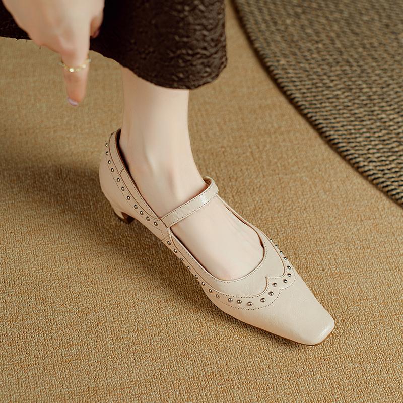 

Мода 2025 Новые Весенние Женские Туфли Квадратный Носок Женская Обувь Ретро Мелкие Натуральная Кожа Женские Туфли Овчина Мэри Джейнс 40 абрикосовый