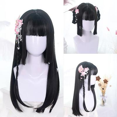 Black Long Straight Hair 60CM Daily Wig Anime Cosplay Party Holiday Wig Heat Resistant Synthetic Hair + Hair Net