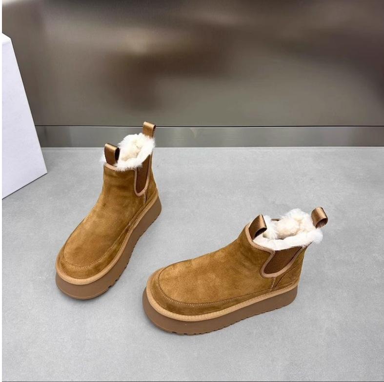 מגפי שלג לנשים עם סוליה עבה ופרווה משולבת, מגפי חורף קצרים חדשים לשנת 2025, נעלי כותנה צפון-מזרחיות חמות, עבות ומרופדות