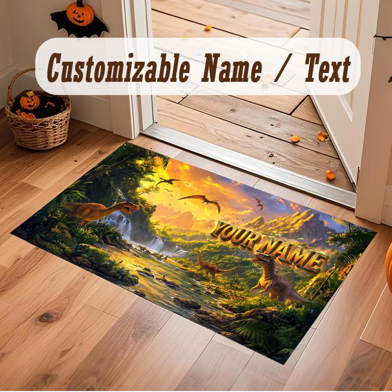 Dinosaur Theme Soft Crystal Velvet Rug Custom Name & Text Print Non Slip Floor Rug for Bedroom Living Room