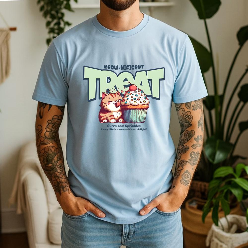 New Summer Unisexs 100 Cotton TShirt Retro Cat With Cupcake Casual Breathable Short Sleeve Daily Wear
