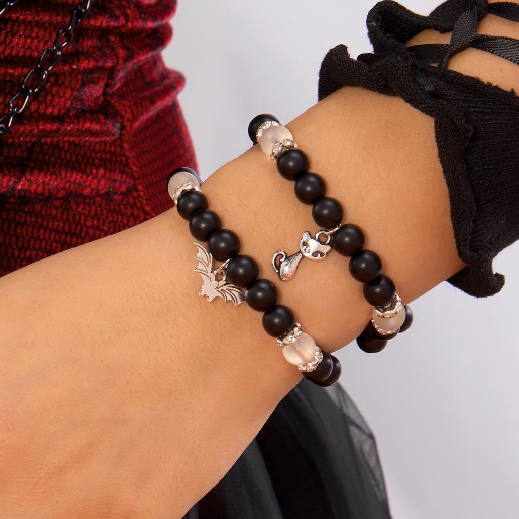 2Pcs/Set Halloween Pumpkin Spider Bracelets For Women Men Cute Cat Bat Ghost Couple Bangles Crystal Beads Bracelets Jewelry Gift