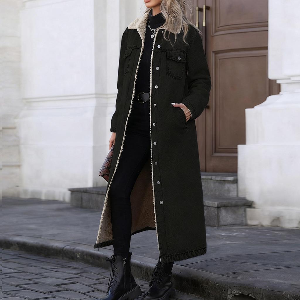 Damen Modischer Lässiger Lockerer Langer Baumwollmantel mit Fleecefutter Jeansjacke