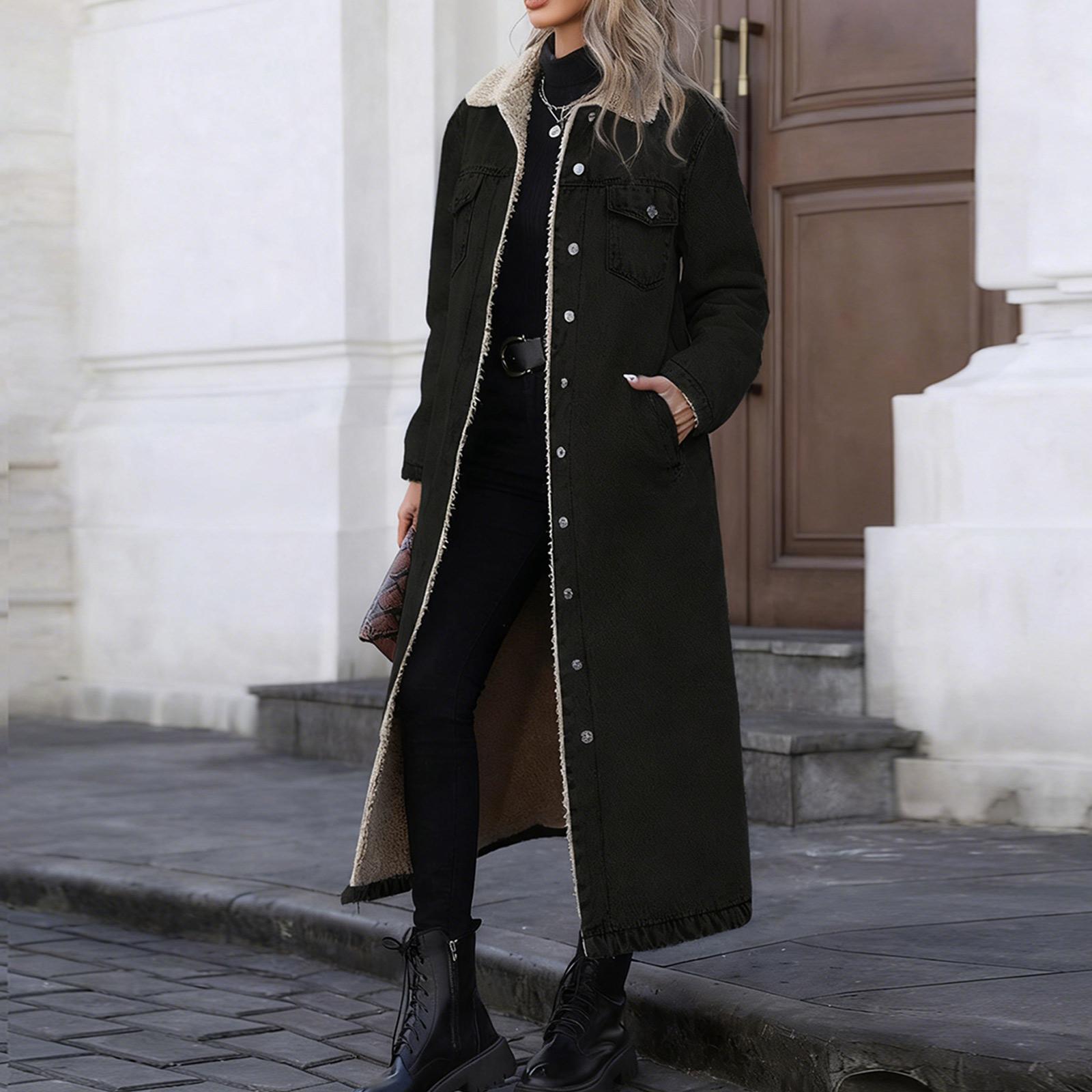 

Women s Fashionable Casual Loose Long Fleece-Lined Cotton Coat Denim Jacket L