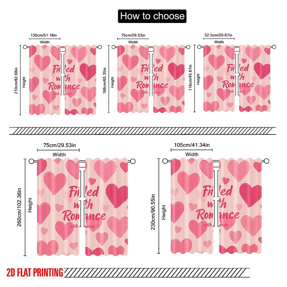 2 pièces Rideaux imprimés plats 2D Cœurs roses Romance Tissu polyester Sans électricité Utilisation pour fête d'anniversaire pour portraits de vacances