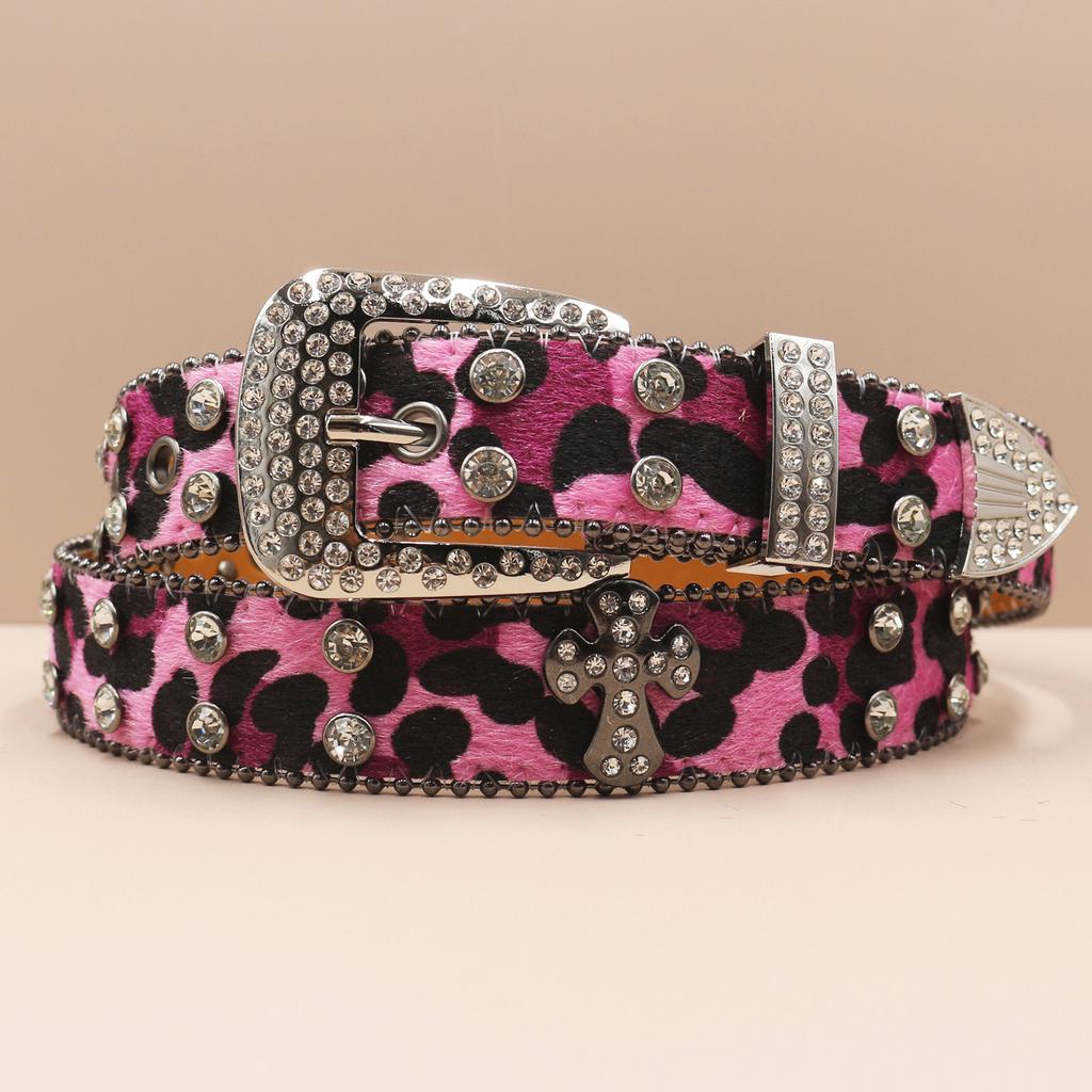 Cross Belt Leopard Print Western Rhinestone Belt Personalized Denim Woman Rivet Jeans Belt