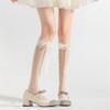 Japanese Style Ruffle Lace Trim Over the Calf Socks for Women Cute Ribbon Bowknot Hollowed Out Heart Fishnet Stockings