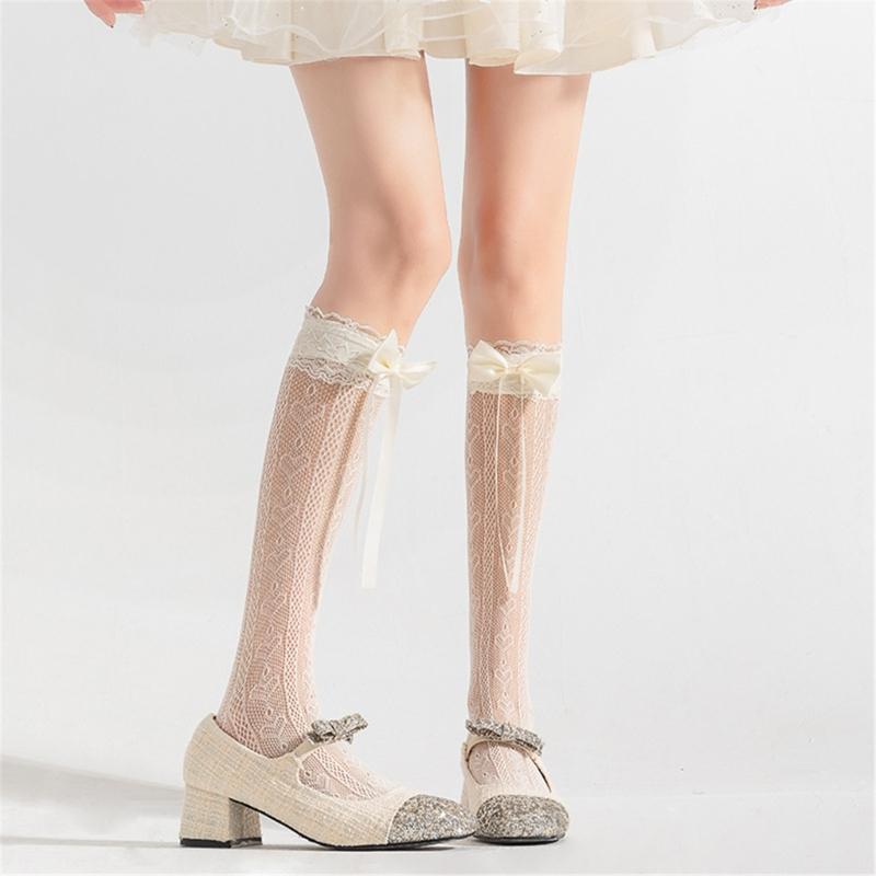 Japanese Style Ruffle Lace Trim Over the Calf Socks for Women Cute Ribbon Bowknot Hollowed Out Heart Fishnet Stockings