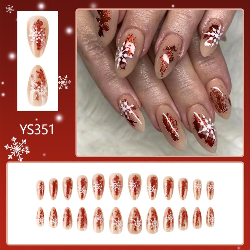 Medium Almond Christmas Press On Nails Glitters Design Full Cover Glossy Acrylic Nails False Nail Decoration 24pcs