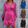 Women Mini Dress V-Neck Lantern Long Sleeve Side Lace-up Dress Solid Color Smooth Satin Ruffle Trim Dress