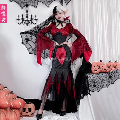 Halloween Adult Costume Black White Witch Vampire Long Dress Cosplay Cruella Devil Queen Outfit