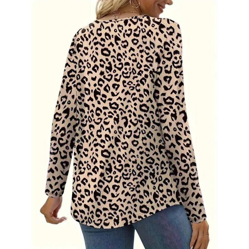 Women's Fashion Casual Spring Autumn Leopard Print Long Sleeve Square Collar Blouses & Shirts