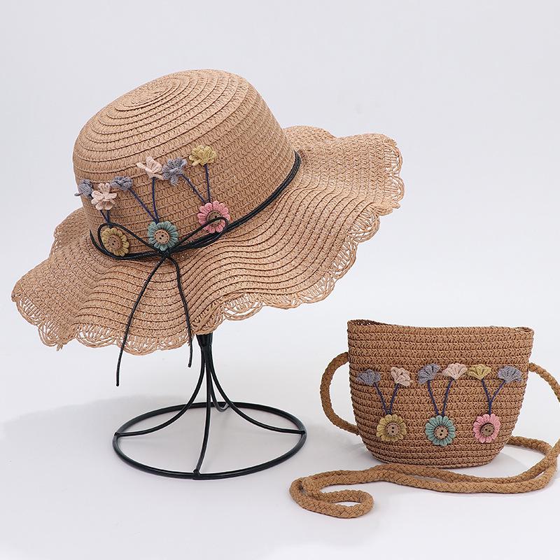 Korean-Style Kids' Floral Straw Hat & Bag Set - Sun Protection Beach Hat