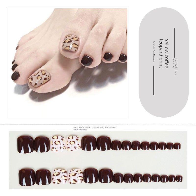 

Mocha Caramel Blooming Amber White Elegant Toe Fake Nail Tip Fakenail Finished Wear Nail Stickers 167-yellow coffee leopard print