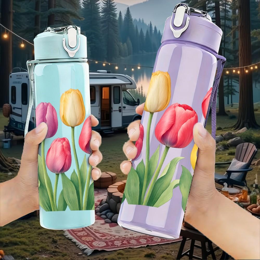 1PC Multicolor Tulip Flower Bouquet 750ml Color Plastic Sports Water Bottle Leakproof Flip Straw Lid For Sports Office Home Use