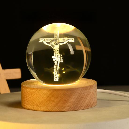 3D Hands Prayer Faux Crystal Ball with Wooden Base Clear Engraved Prayer Hand Ball Night Light Religious Christian Gifts for Women Men