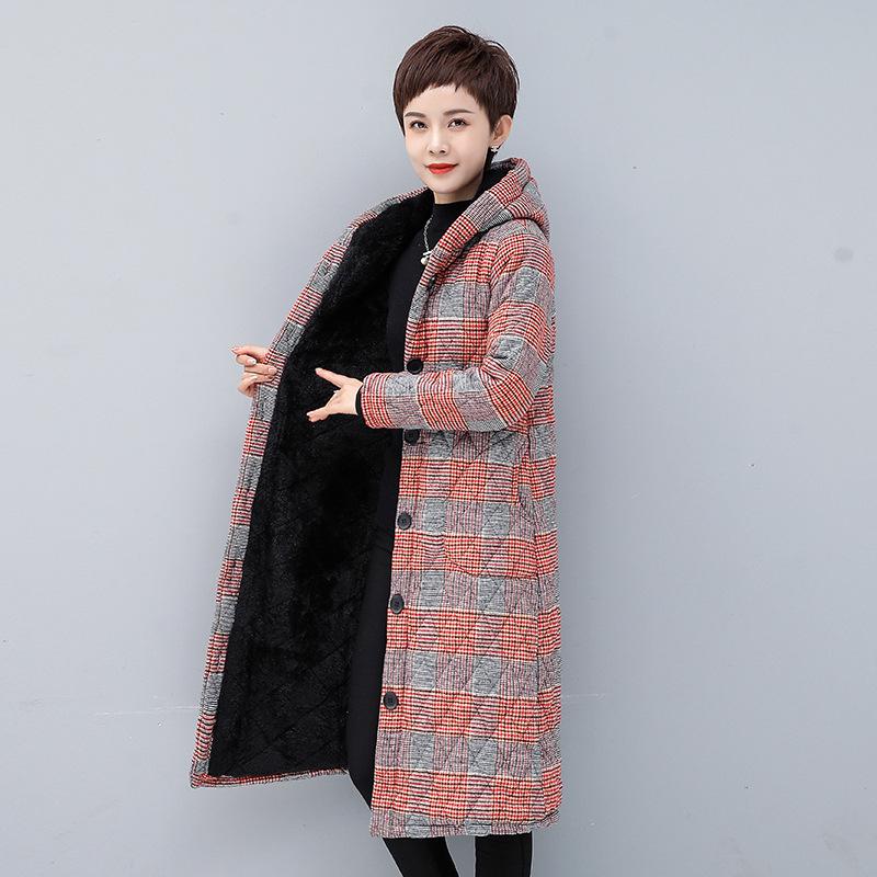 Women's Mid-length Plaid Cotton Coat - Velvet-lined, Thickened for Autumn/Winter