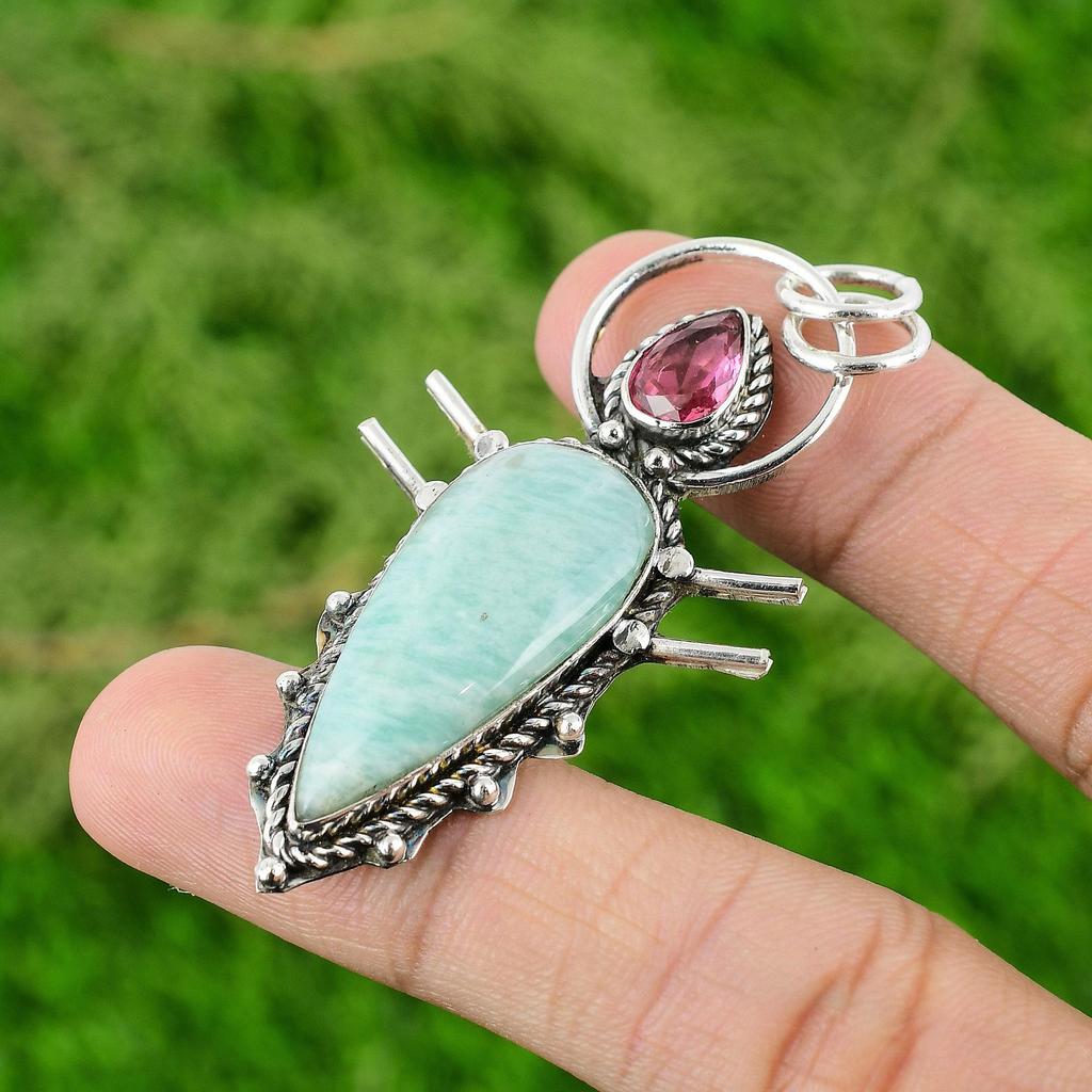 Natural Amazonite Gemstone Pendant Handmade 925 Sterling Silver Indian Jewelry