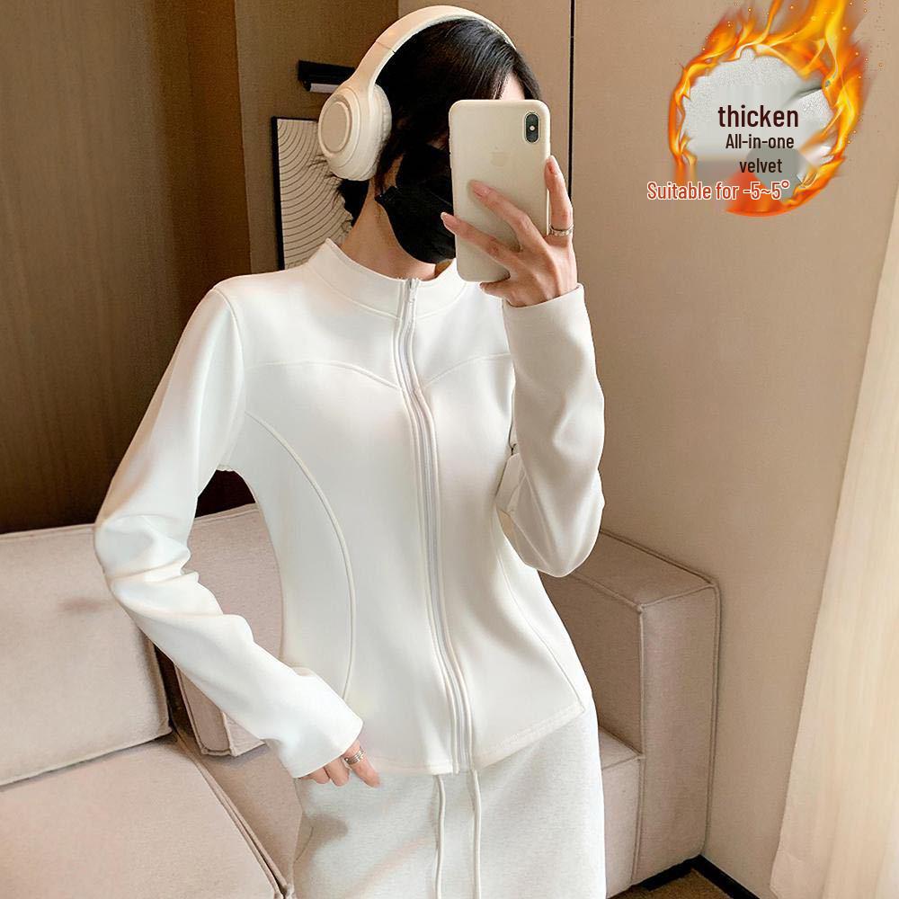 Autumn/Winter Women's Fleece-Lined Yoga Jacket - Korean Style, Slimming Curve Zipper, Stand-Up Collar, Long Sleeve Top