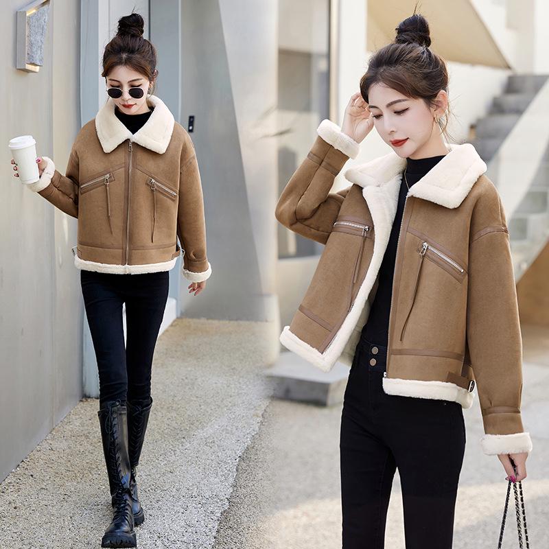 

Женское пальто из овечьей шерсти с мехом, 2024 Маленькая мотоциклетная куртка из искусственной замши (WN6067-1) XL 130-150 jin