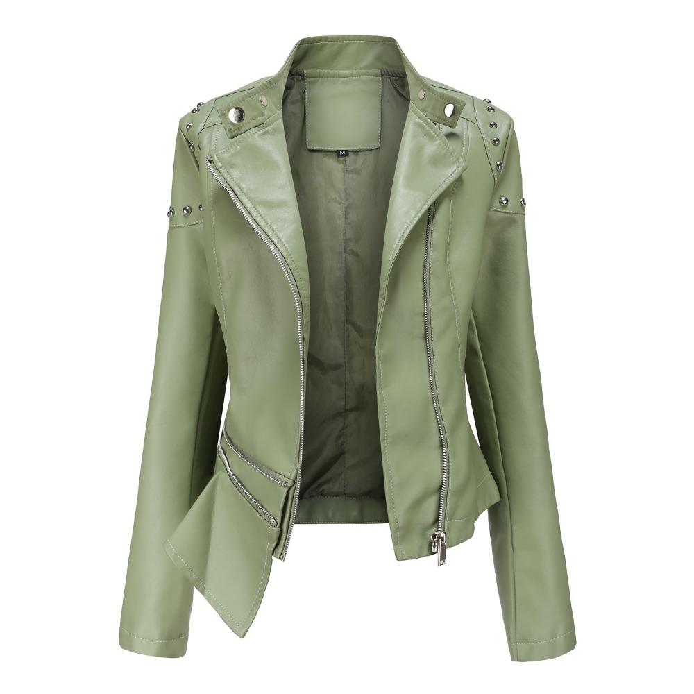 Neue Nietenmode Stehkragen Ledermantel Damen Einfarbige Jacke Damen Frühlings- und Herbstmantel Damen Nieten Ledermantel