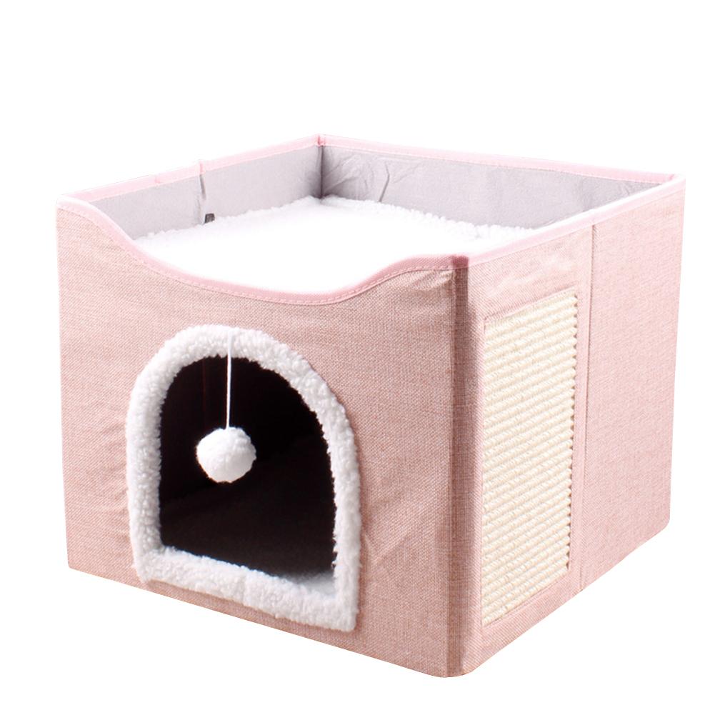 Cat Bed Cat Cube Cave with Fluffy Ball & Scratch Pad Pet Play House Large Kitten Sleeping Bed Comfortable for Indoor Cats