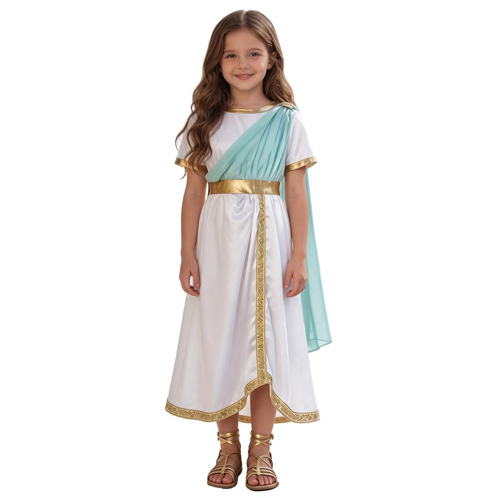 Kids Girls Ancient Greek Toga Costume Draped Shawl Satin Robe Short Sleeve Metallic Waist Embroidered Trim for Halloween Cosplay