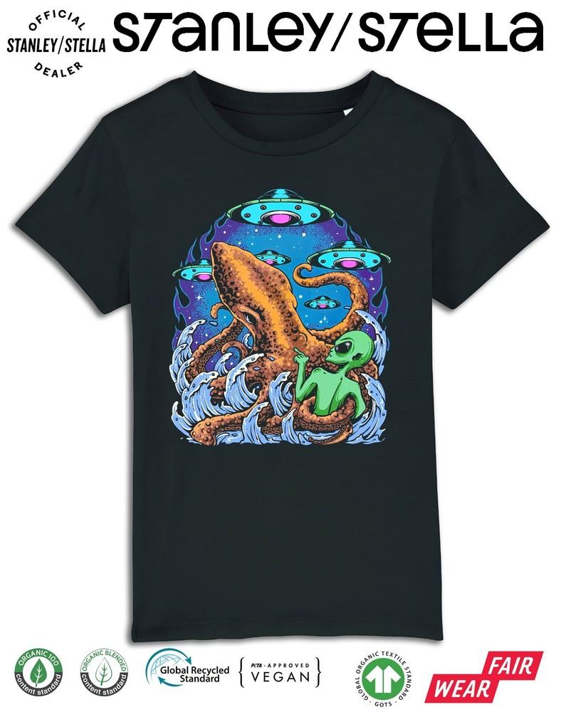 Kids Alien v Octopus T-Shirt  Cotton UFO Aliens Invasion Spaceship Tee