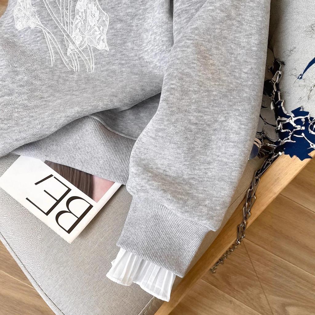 Übergroßer Frühling und Herbst Bestickter Lockerer Lässiger Kapuzenpullover Damen Spitze Modischer Patchwork Top