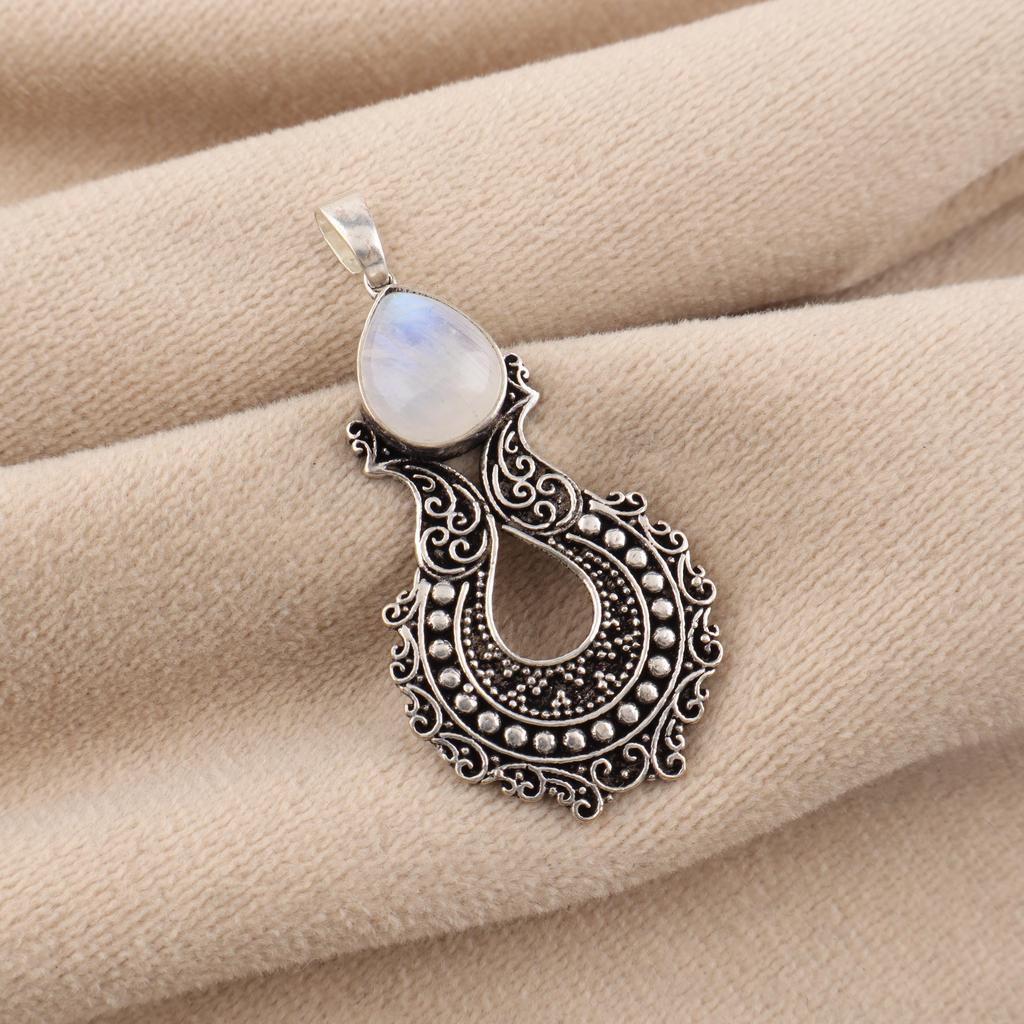 Natural Rainbow Moonstone Gemstone 925 Sterling Silver Oxidize Jewelry Pretty White-Stone Pendant 1.8" For Your Loved Ones CP-45-22