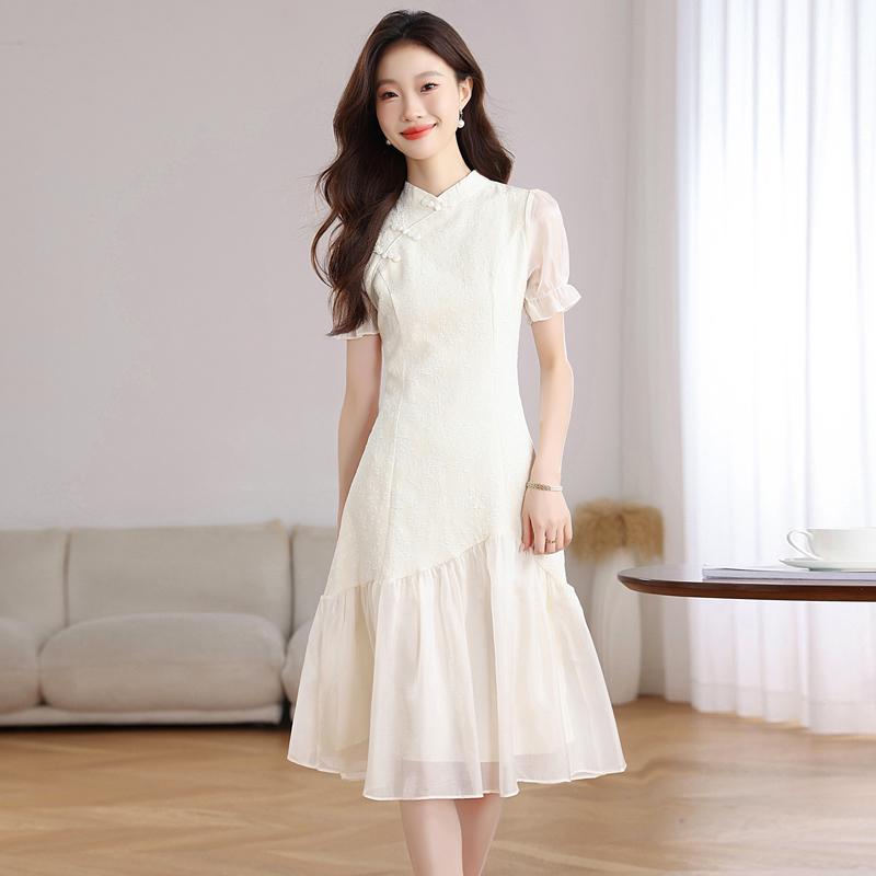 Elegant Summer Cheongsam Dress Chinese Style Vintage Slim Fit Women Fashion
