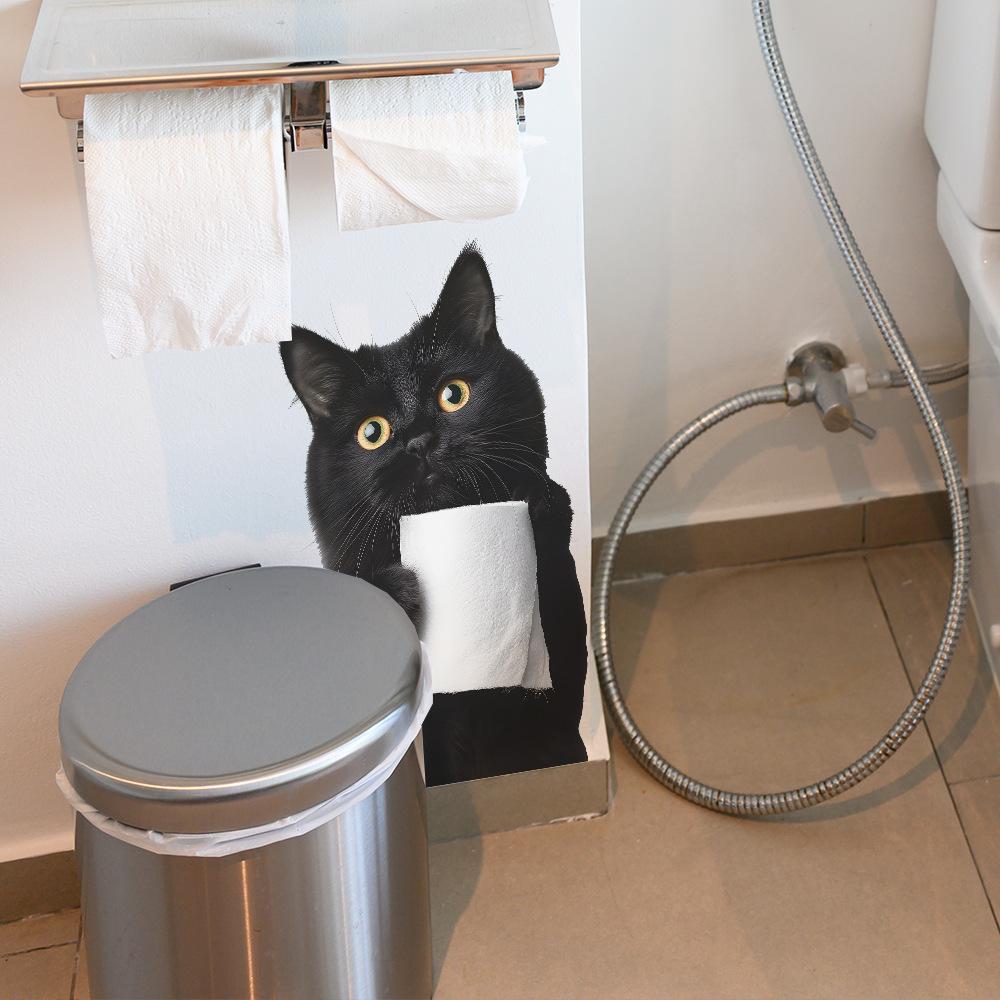 Playful Black Cat Holding Toilet Paper Toilet Seat Sticker Bathroom Decor Self-Adhesive Removable Decal
