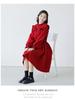 Girls' Red Ruffle Stand Collar Long Sleeve Waist-Hugging Dress for Autumn