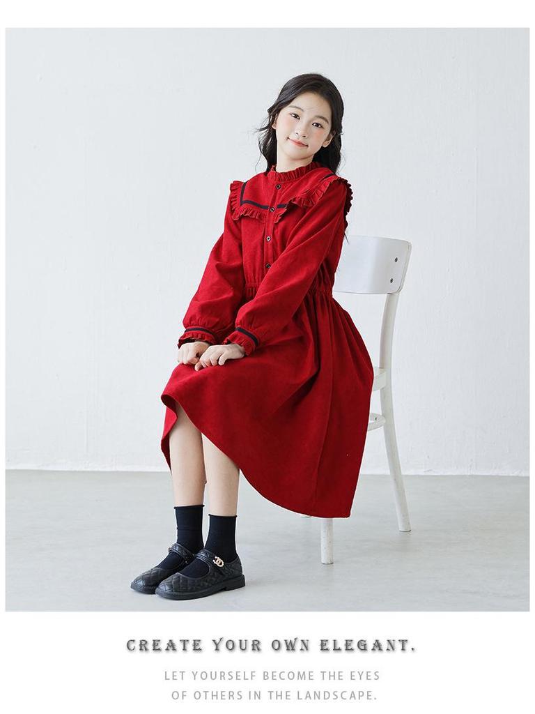 Girls' Red Ruffle Stand Collar Long Sleeve Waist-Hugging Dress for Autumn