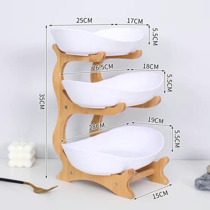 3-Tier Ceramic Fruit Tray With Bamboo Stand Modern Nordic Snack Server Kitchen Dining Table Ceramic Style