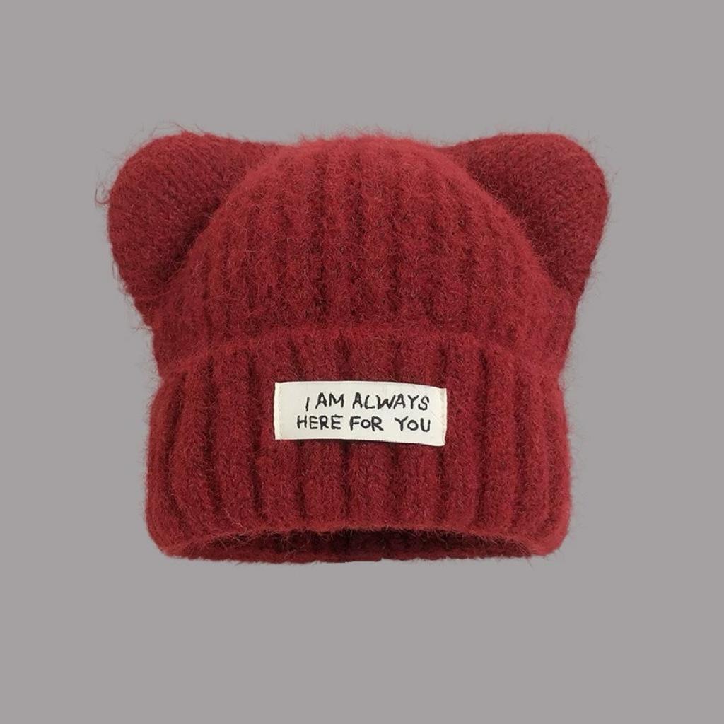 

Fashion Patch Letter Cat Ear Wool Hat Women s Winter Cute Versatile Warm Knitted Hat Outdoor Cold Ear Protector M（56-58cm） красный
