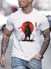 Samurai Silhouette Graphic Tee Men Rising Sun Print Cotton Crew Neck TShirt Casual Short Sleeve