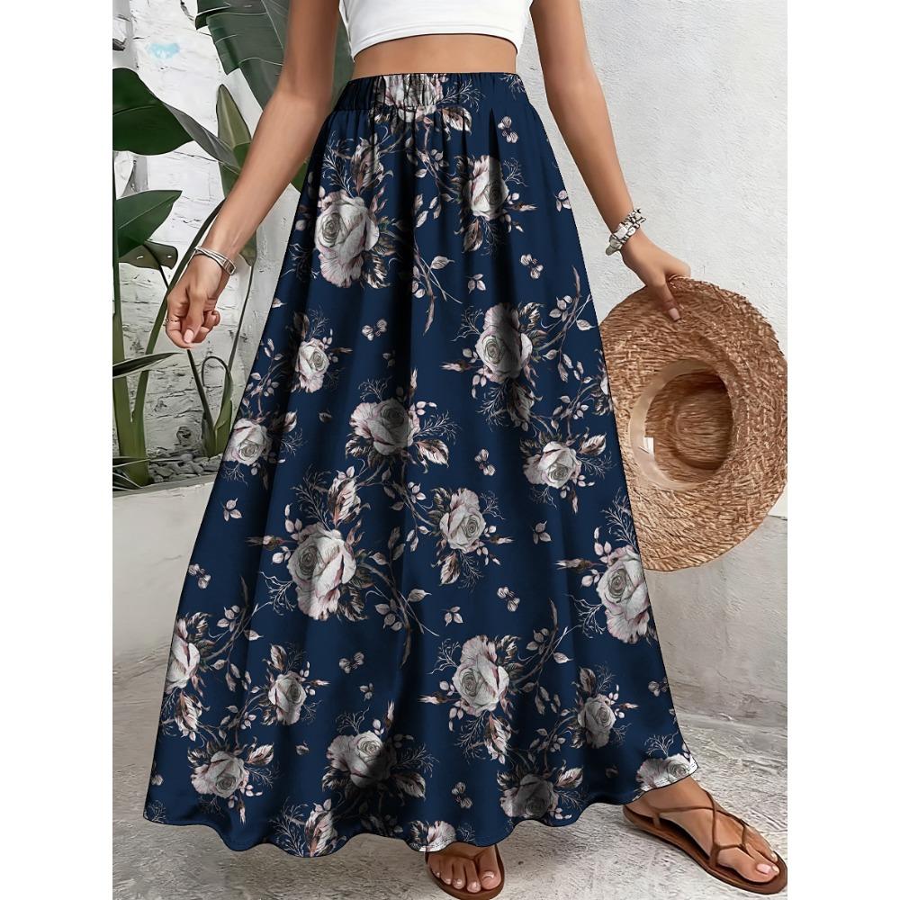 Plus Size, Elegant Floral Print Polyester Skirt - Casual A-Line, Non-Stretch Fabric, with Elastic Waistband