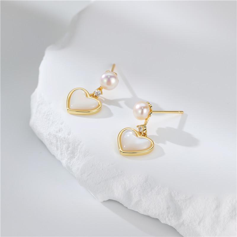 S925 Women's Elegant Heart & Pearl Stud Earrings with Cat's Eye Stone