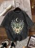 Retro Washed T Shirt Boho Crescent Moon Lunar Moth Flower Graphic Oversize T Shirt Casual Loose Streetwear Daily Wear