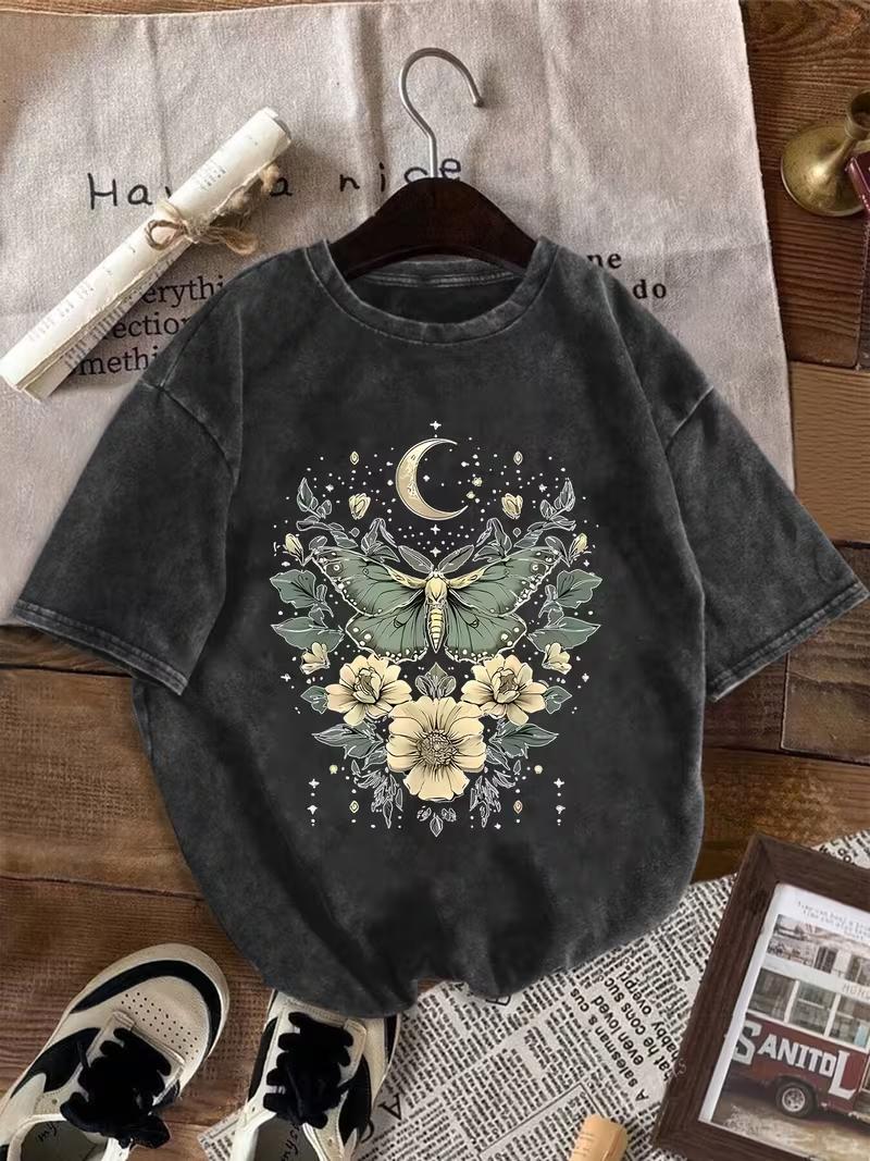 

Retro Washed T Shirt Boho Crescent Moon Lunar Moth Flower Graphic Oversize T Shirt Casual Loose Streetwear Daily Wear S