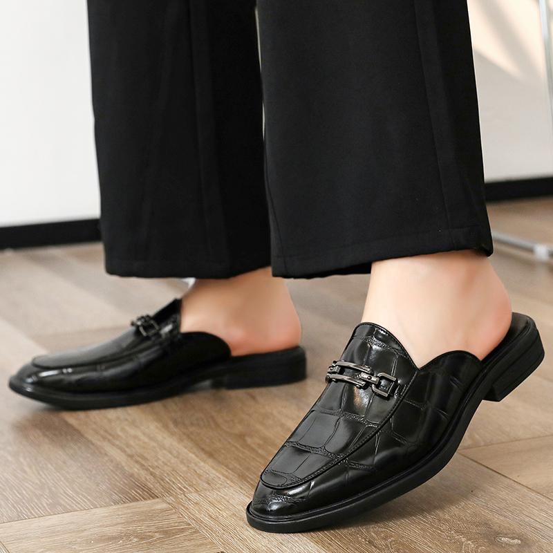 Fashion Fashion New Men's Black Grey Brown Crocodile Pattern Leather Half Slippers Shoes Male Casual Mules Moccasins Breathable Loafers