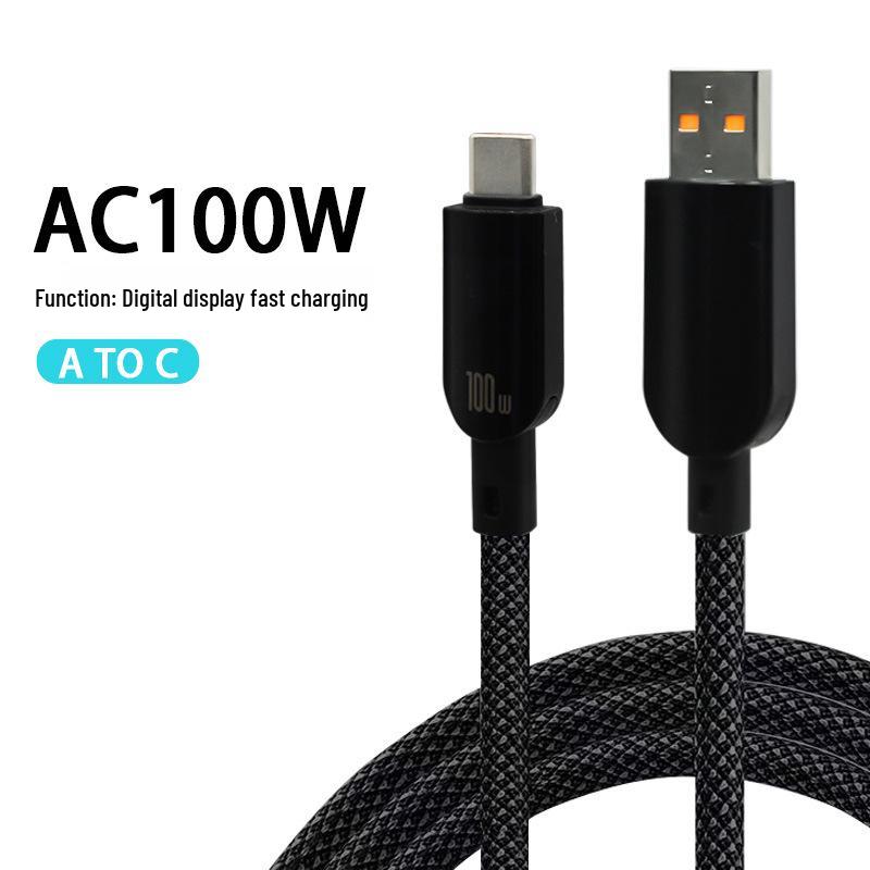 100W Transparent Braided Fast Charging Cable with Digital Display for Huawei and Apple, PD Type-C.