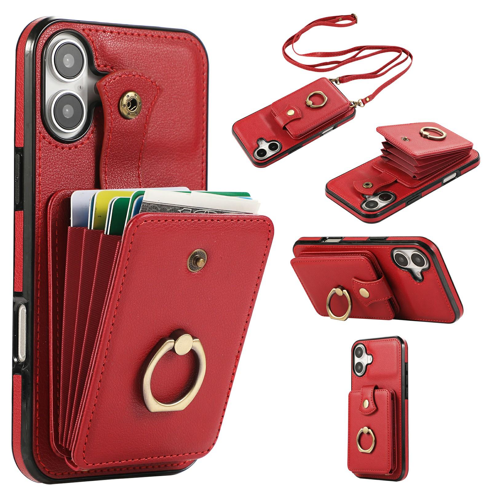 

For iPhone 17 Case Card Holder Ring Kickstand TPU+PU Leather Phone Cover with Long Strap Red